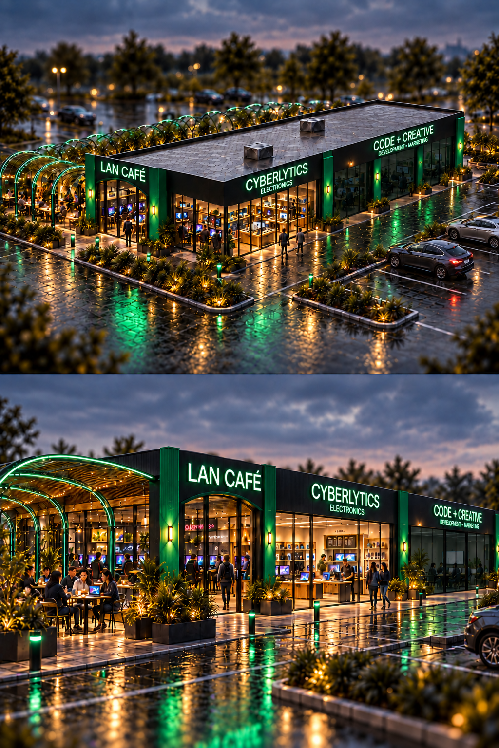 Two concept views of a proposed Cyberlytics facility with a LAN café, electronics shop, and code and creative space.