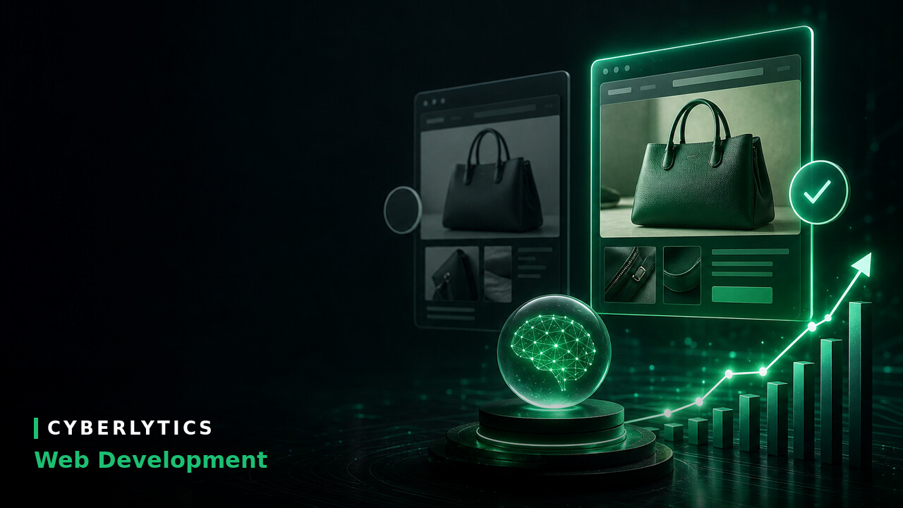 Illustration of two e-commerce product pages showing a handbag, a glowing green AI brain orb, and a rising bar chart, with Cyberlytics Web Development text.