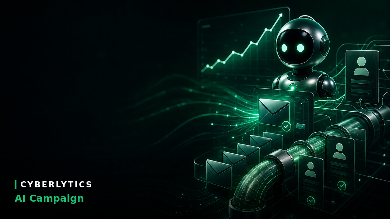 Illustration of a green robot managing automated email envelopes and user profiles with a rising chart, labeled "Cyberlytics AI Campaign.