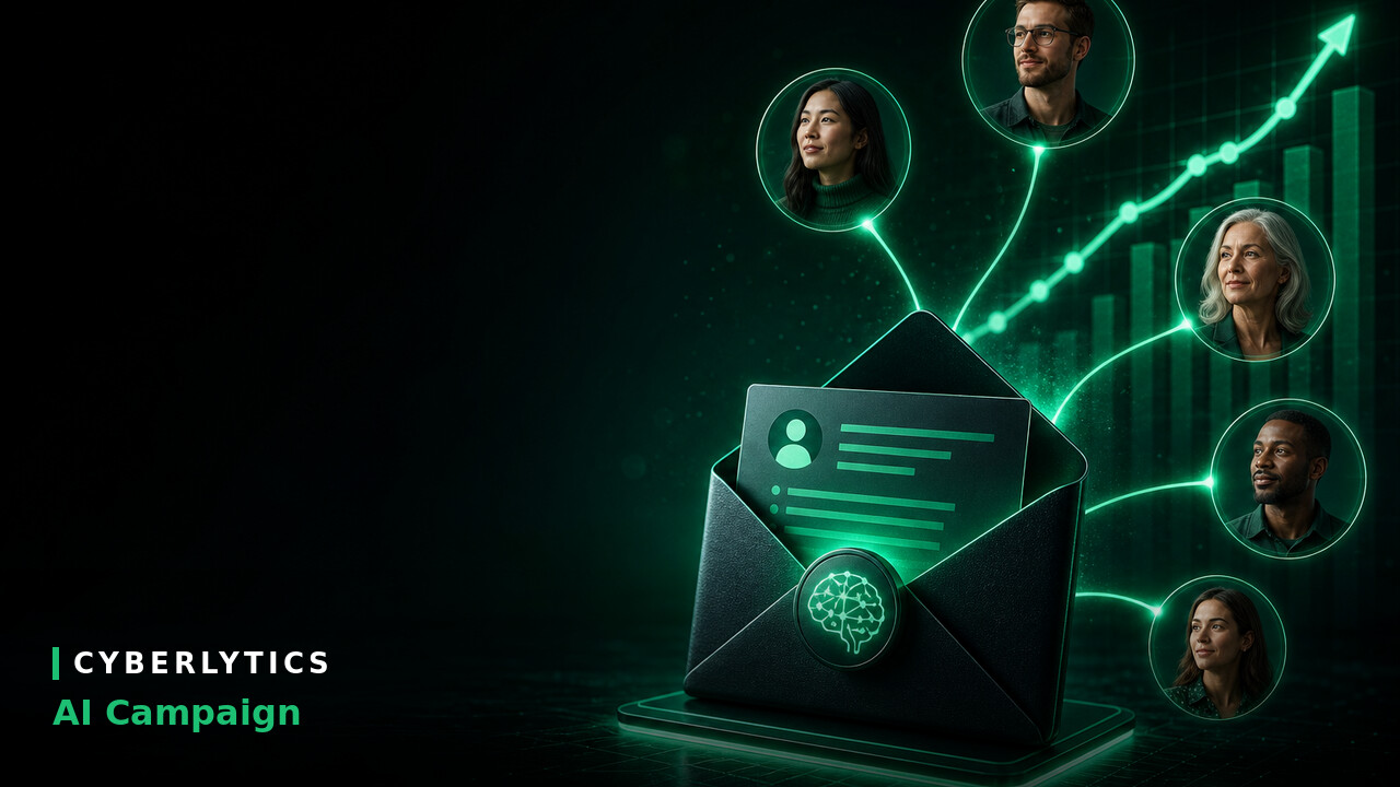 Illustration of a black email envelope with a glowing green AI brain icon, connecting to five diverse customer profile circles above a rising bar chart, labeled "Cyberlytics AI Campaign.