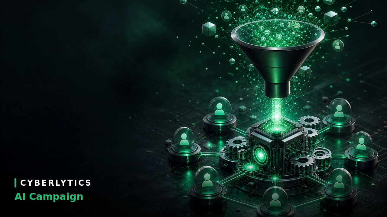 Green 3D illustration of a marketing funnel feeding leads into an AI chip connected to user icons, with "Cyberlytics AI Campaign" text.