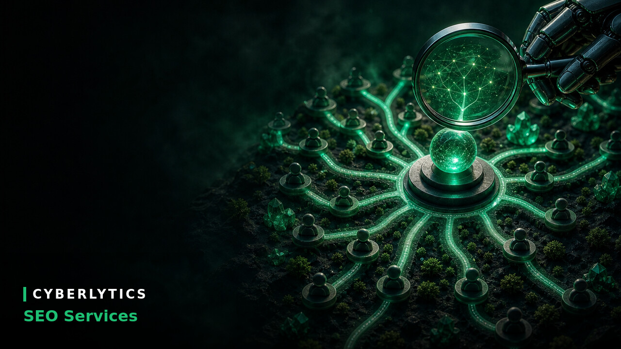 Robotic hand holding a magnifying glass over a glowing green network of connected nodes, with "Cyberlytics SEO Services" text.