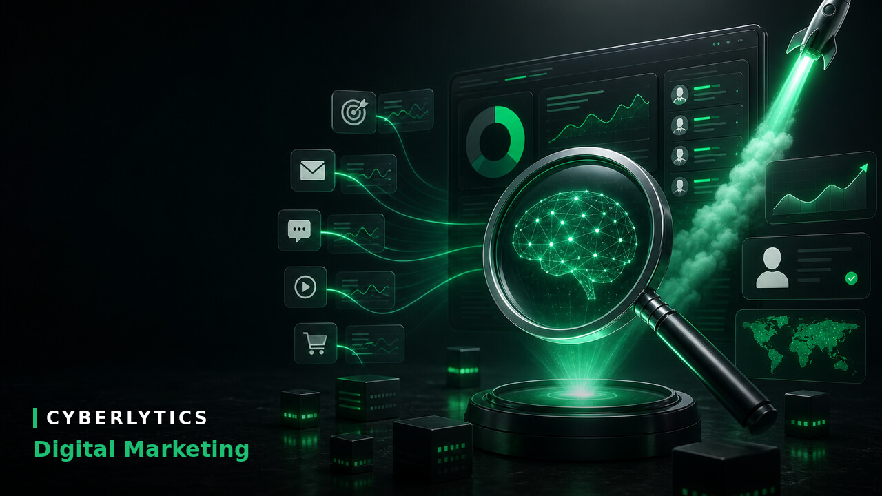 Digital illustration of a magnifying glass revealing a glowing green AI brain, surrounded by marketing icons, charts, and a rocket, with Cyberlytics Digital Marketing text.