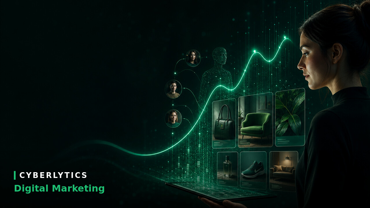 Woman viewing a glowing green upward trend graph with customer profile icons and product images, "Cyberlytics Digital Marketing" text in corner.