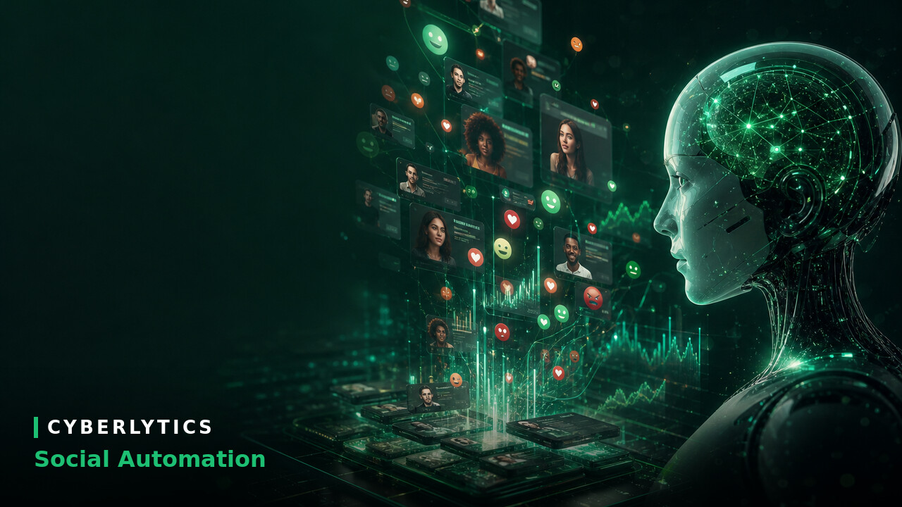 Digital illustration of a glowing AI robot head analyzing floating social media profiles and sentiment icons, with green "Cyberlytics Social Automation" text.