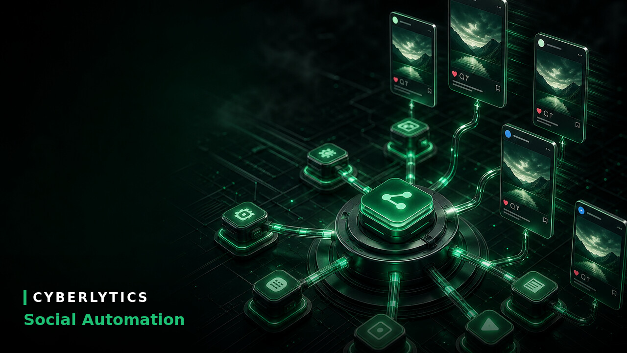 Green tech illustration of a central automation hub connecting to social media post cards, labeled "Cyberlytics Social Automation.
