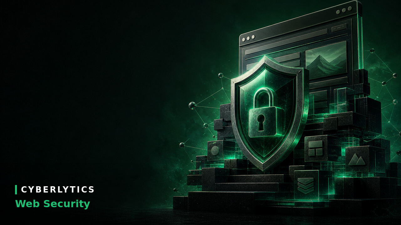 Illustration of a glowing green padlock shield over a browser window and network blocks, labeled Cyberlytics Web Security.