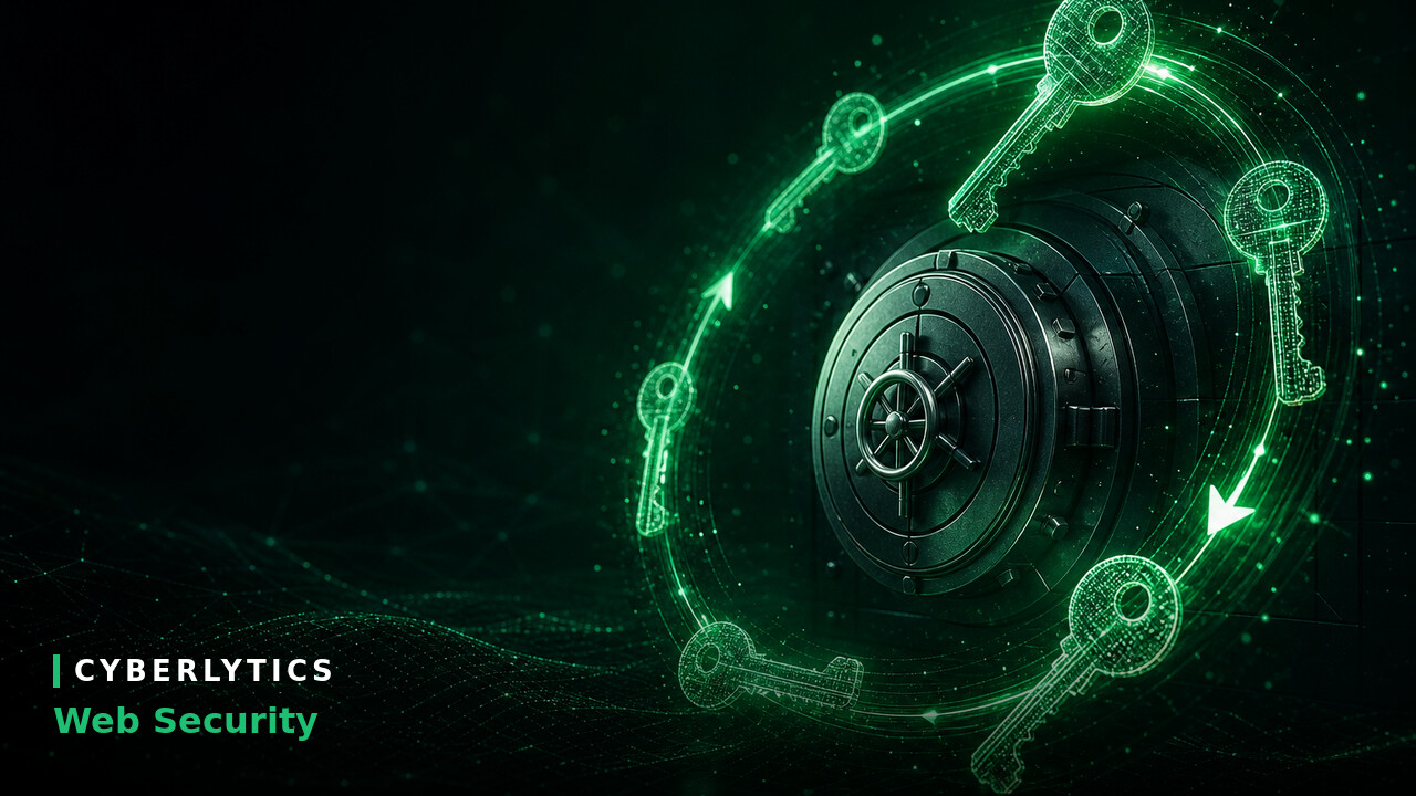 Digital illustration of a black bank vault door encircled by glowing green keys and arrows, with "Cyberlytics Web Security" text.