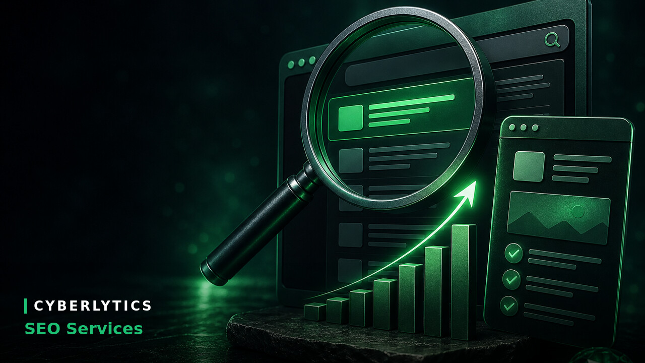 Illustration of a magnifying glass over a webpage with a rising green bar chart and checklist, labeled "Cyberlytics SEO Services.