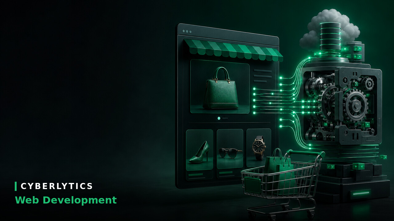 3D illustration of an e-commerce storefront with product images linked by glowing green cables to a mechanical engine, labeled "Cyberlytics Web Development.