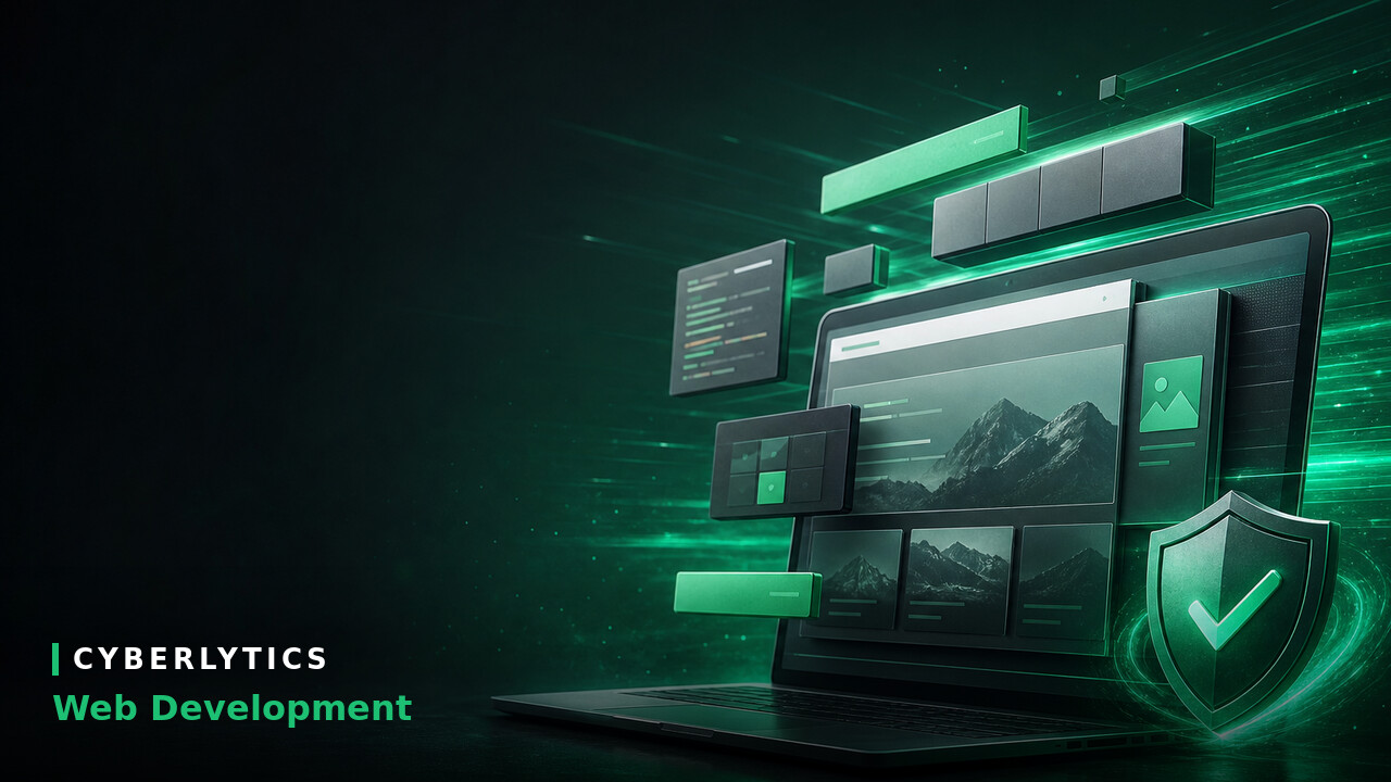 Illustration of a laptop displaying a web layout with floating UI panels and a green security shield, labeled "Cyberlytics Web Development.