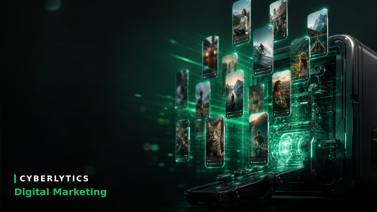 Digital illustration of glowing green smartphone video clips emerging from a device, with "Cyberlytics Digital Marketing" text.