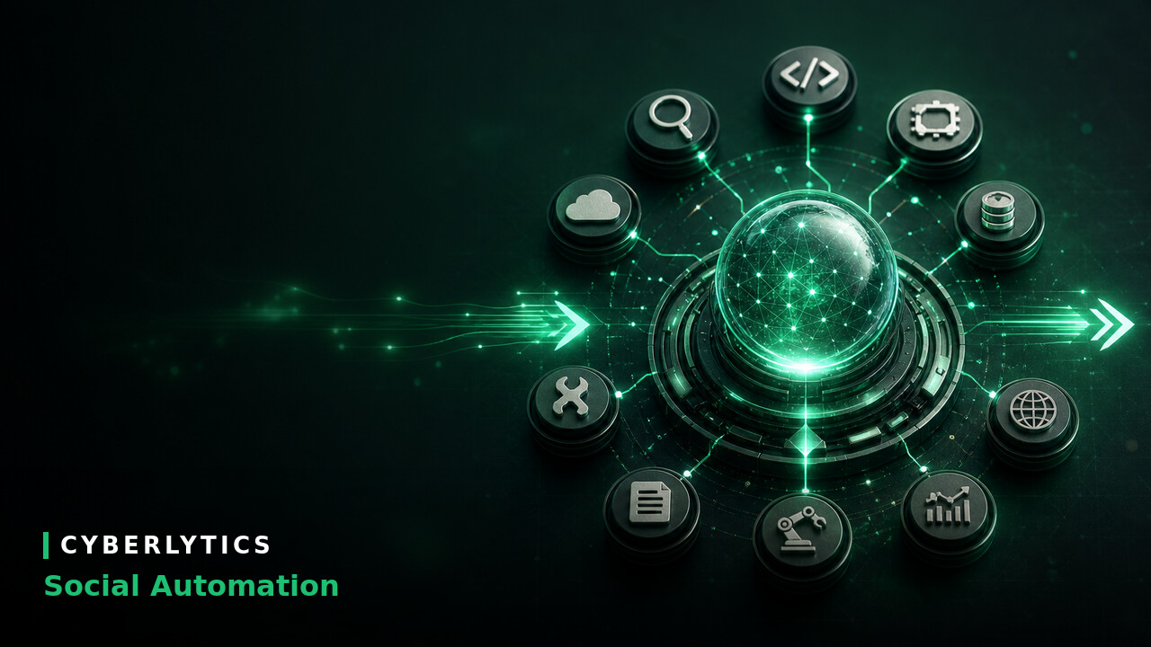 Green glowing AI hub sphere connected to icons for search, code, settings, cloud, and analytics, with Cyberlytics Social Automation text.