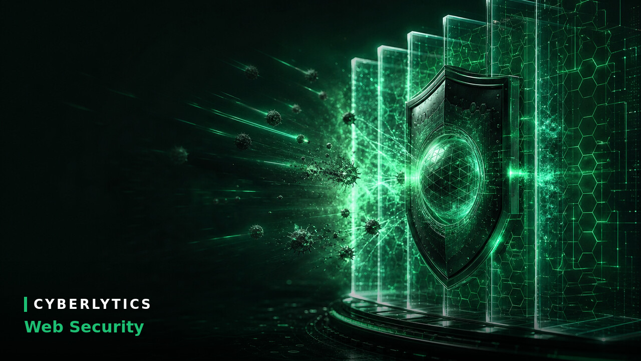 Green digital shield illustration deflecting particle attacks on a dark background, with "Cyberlytics Web Security" text.