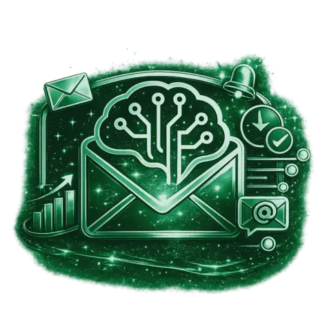 Green glowing illustration of an email envelope topped with a circuit-board brain, surrounded by a growth chart, notification bell, checkmark, and @ symbol.