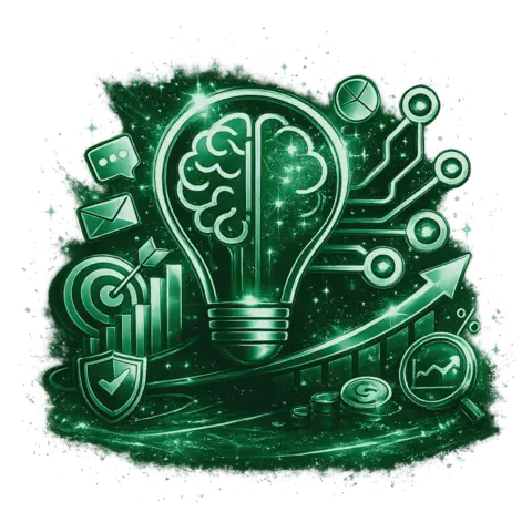 Green AI marketing illustration of a lightbulb with a brain, surrounded by circuit lines, growth chart, target, email, and analytics icons.