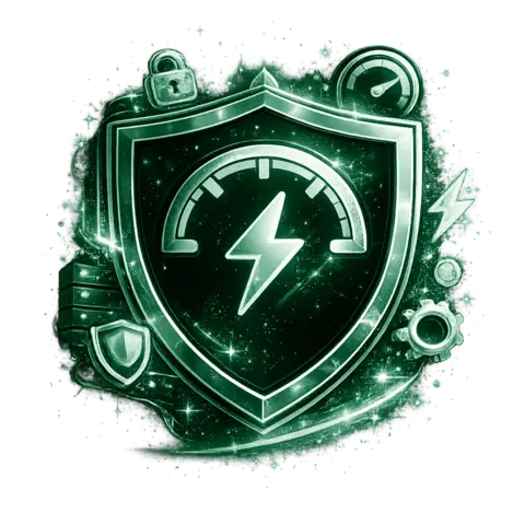Green metallic security shield illustration with a lightning bolt and speed gauge, surrounded by padlock and gear icons.
