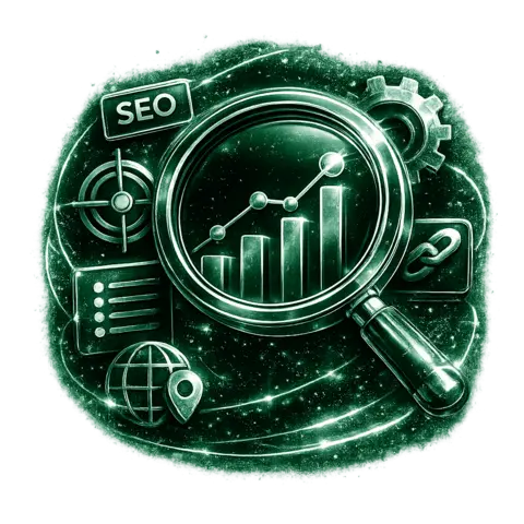 Green-toned SEO illustration with a magnifying glass over a rising bar chart, surrounded by gear, link, globe, and "SEO" icons.