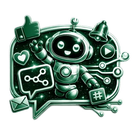 Green illustration of a cheerful robot waving, surrounded by social media icons like a thumbs-up, heart, bell, envelope, play button, and hashtag.