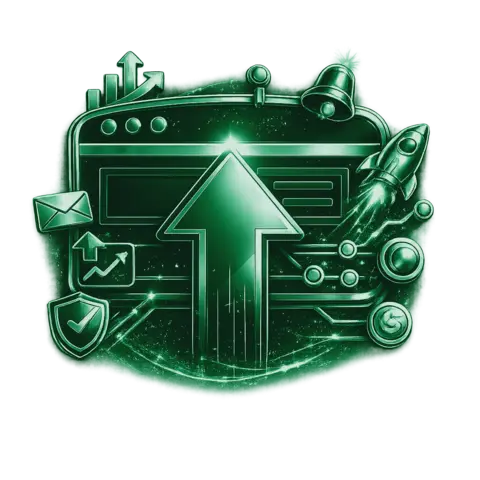 Green glossy web design icon featuring a browser window with an upward arrow, rocket, envelope, shield, bell, and growth chart.