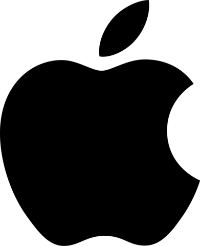 Black Apple logo, a solid silhouette of a bitten apple with a leaf, on a white background.