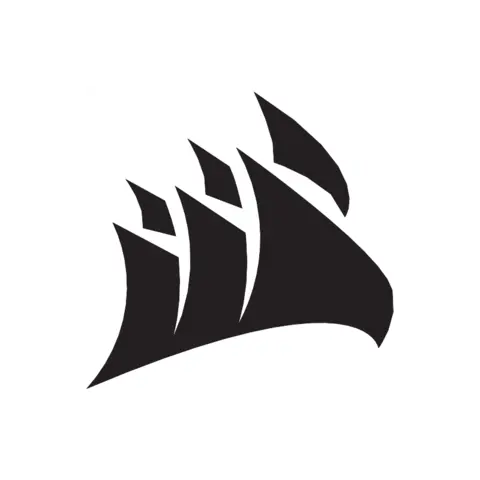Corsair brand logo, a black stylized ship's sail icon on a white background.