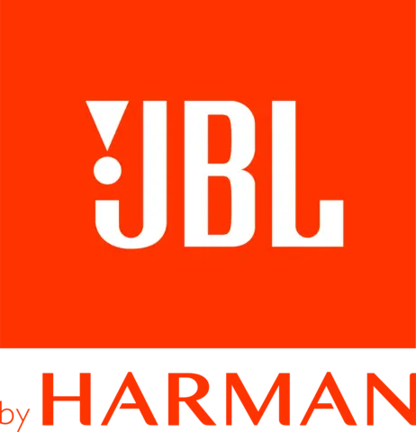 JBL by Harman logo with white "JBL" lettering and exclamation mark on an orange square above "by HARMAN" text.