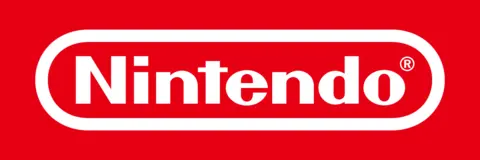 Nintendo logo with white wordmark inside a rounded white outline on a red background.
